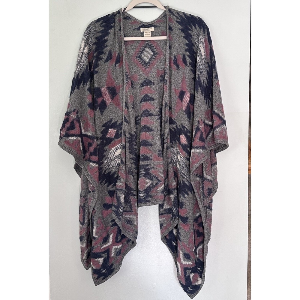 Lucky Brand Boho Poncho Wrap Open Front Aztec Asymmetrical Pink Black‎ Size OS